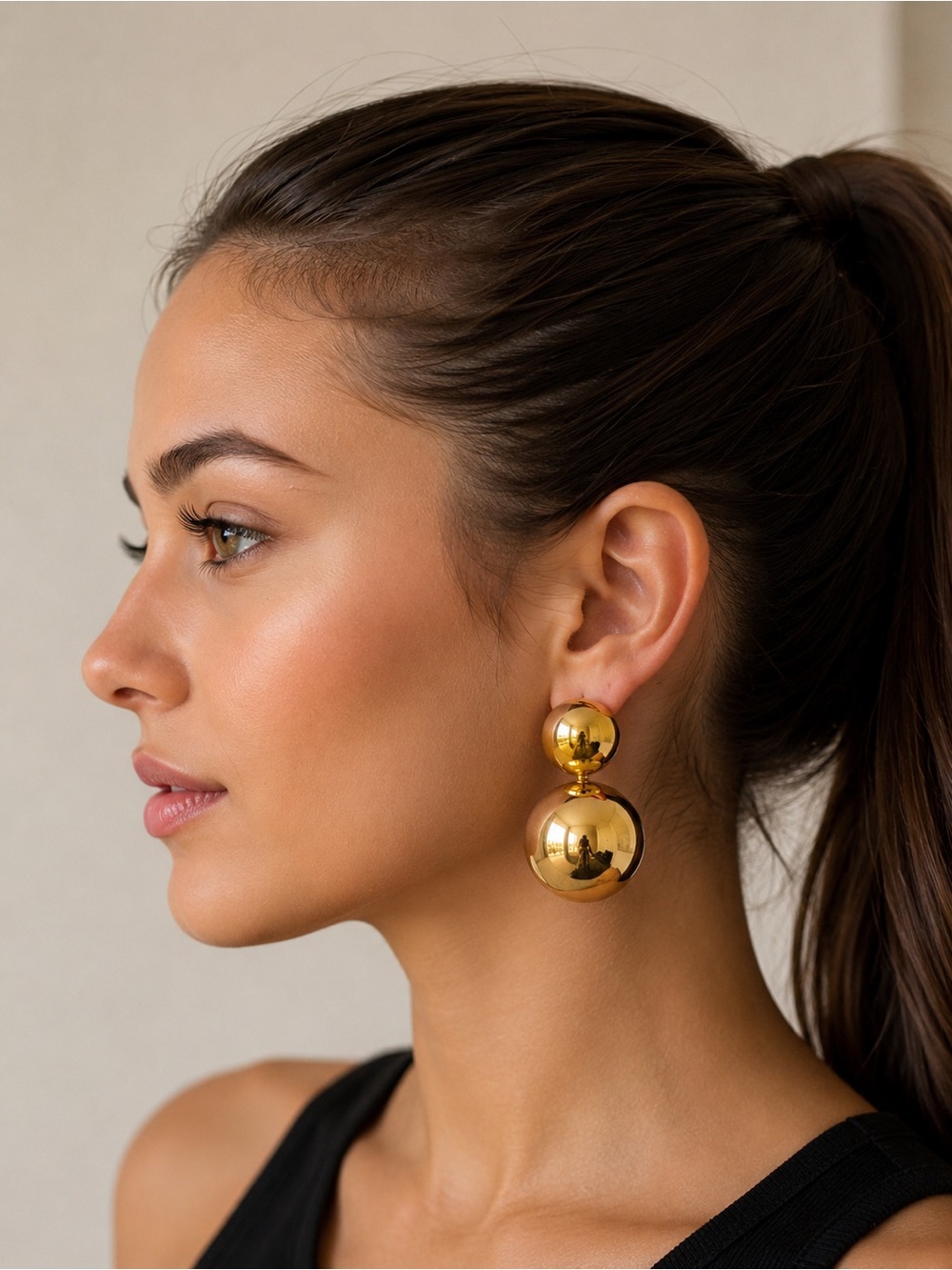 Gold Tone Double Ball Statement Earrings Lightweight Hollow Drop‎